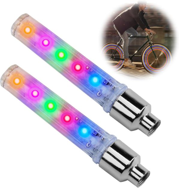 Picture of 2-Pack LED Bike Wheel Lights – 5 Neon Flashing Tire Valve Spoke Lights, 7 Modes – Bicycle Tire Flash Lamps for Night Riding Safety 