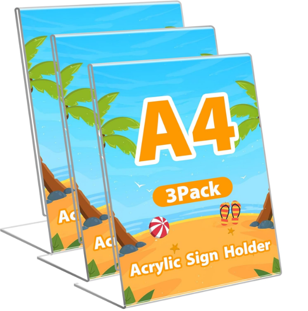 Picture of A4 Acrylic Sign Holder Poster Menu Holder, 3Pack L-Shaped Perspex Display Stands for Table, Counter, Restaurant, Hotel, Office, Store, Desktop Leaflet Sign Holder