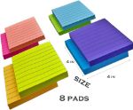 Picture of 4 x 4 Inches Lined Sticky Notes for Post,8 Bright Colors Self-Stick Notes, 50 Sheets Per Pad, 8 Pads, 400 Sheets Total