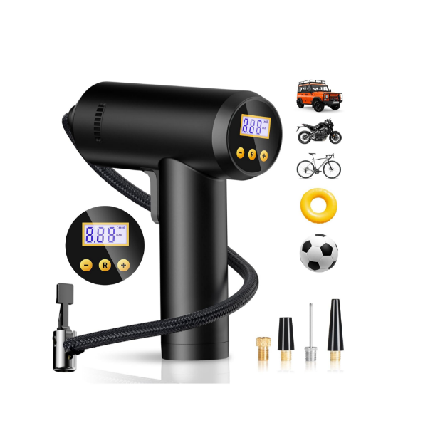 Picture of Portable 12V Rechargeable Car Tyre Inflator - 150PSI Electric Digital Pump with Auto-Stop, LED Light & 4 Nozzle Adapter